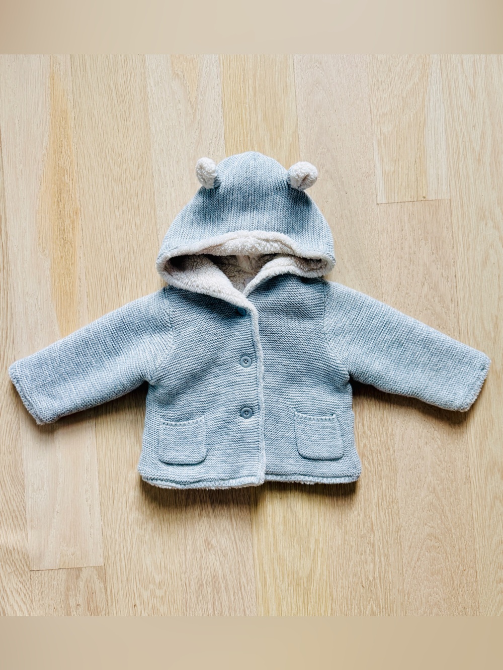 GAP Light Gray Hooded Baby Sweater Jacket with  bear hood - Size 6-12 M